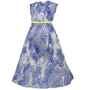 MM Couture Blue Snakeskin Printed Dress with Layered Hem & Green Waist, Size Sm
